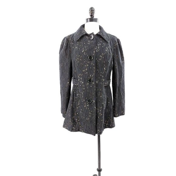 Marisa Christina Womens Coat Single Breasted Open Knit Black Lace Beige Lining M - Picture 8 of 16